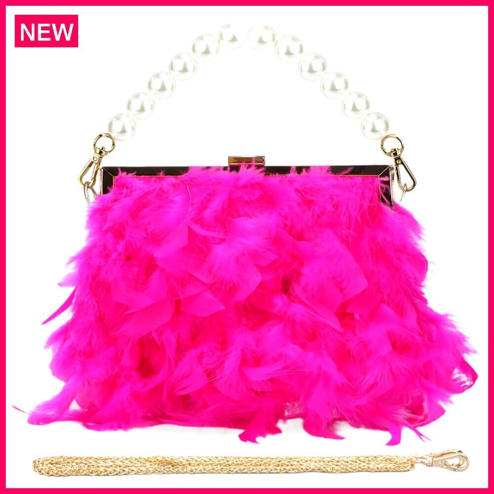 Feather Clutch Evening Bag With Pearl Chain, Removable Crossbody Strap, Fits